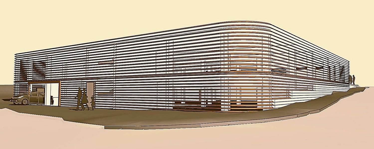 Bild: Ansicht von Ecke Jahnstrasse – Bahnhofstrasse : Hier sieht man den Geländeverlauf des Gebäudes. Quelle: Architekturbüro Peter Byrne (Kopie) Bild: Ansicht von Ecke Jahnstrasse – Bahnhofstrasse : Hier sieht man den Geländeverlauf des Gebäudes. Quelle: Architekturbüro Peter Byrne