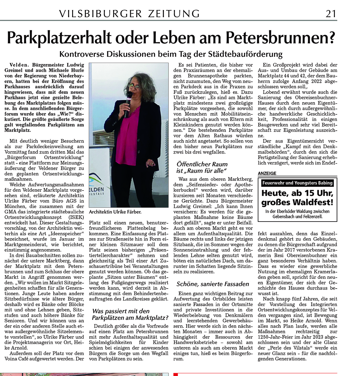 Pressebericht von Heike Arnold/Ulrike Färber zum 3. Bürgerforum Ortsentwicklung, erschienen in der Vilsbiburger Zeitung vom 20.07.2019